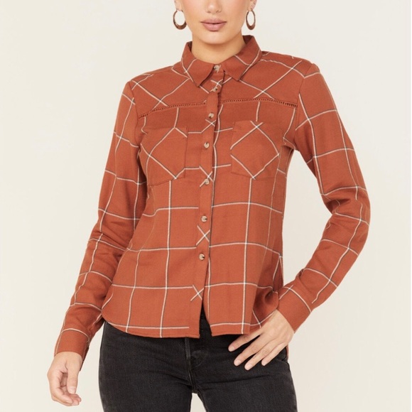 Shyanne Women’s Burnt Orange Plaid Flannel Shirt M Long Sleeve Ladder Lace Trim - Picture 1 of 6